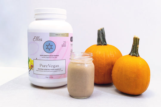 Pumpkin spice protein shake using PureVegan protein from ELLES Supplements